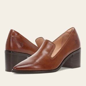 NWT  Frye Pointed Toe Leather Sadie Venetian Block Heel Loafers Cinnamon Sz 11M